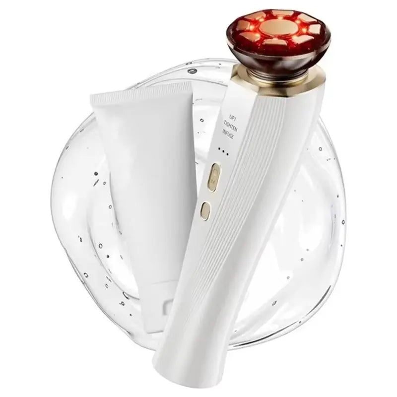 A white red light therapy device with a wooden top rests on a clear glass plate.