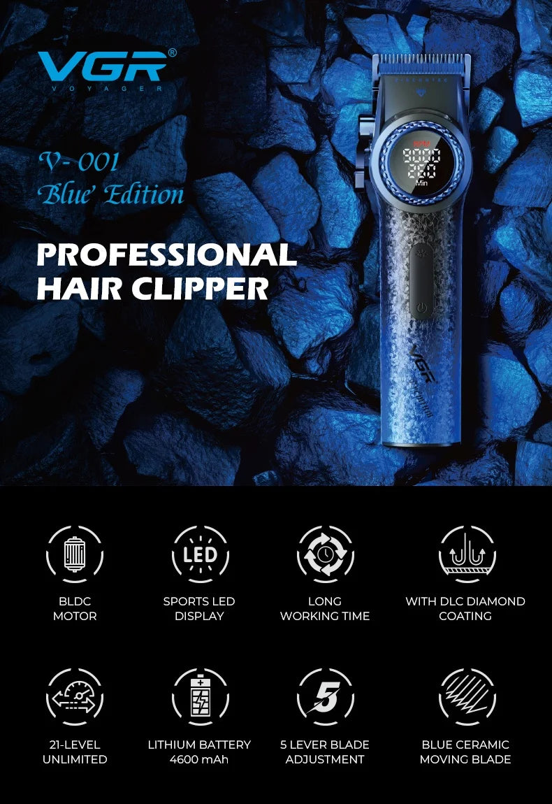A blue VGR professional hair clipper with a digital display and various features listed below.