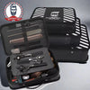 A black professional barber tool storage bag is shown open, displaying various grooming tools and accessories.