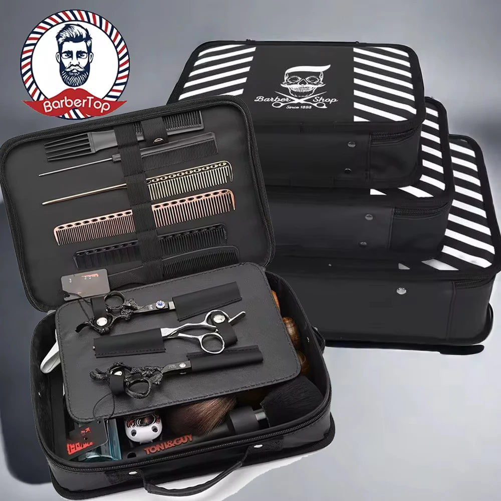 A black professional barber tool storage bag is shown open, displaying various grooming tools and accessories.