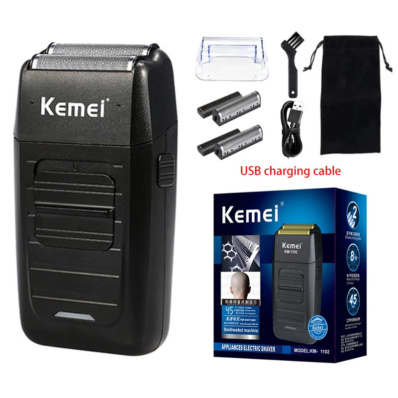 A black Kemei electric shaver set including the shaver, accessories, and USB charging cable.