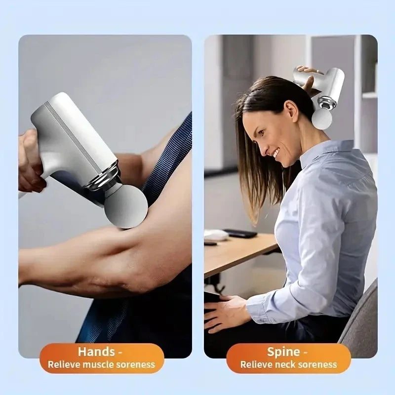 Eine Frau benutzt eine portable Elektromassagepistole mit austauschbarem Kopf an ihrem Arm und Hals.