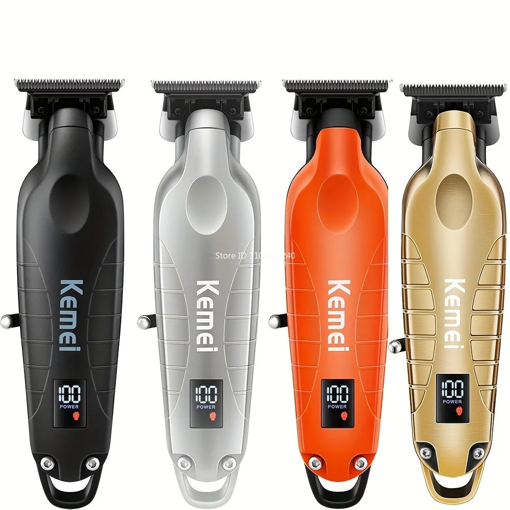 Four versions of a professional cordless hair trimmer for men and beard in black, silver, orange, and gold.