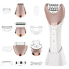 A collection of components and a main unit for a 6-in-1 portable electric hair remover in rose gold and white.