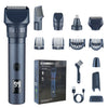 A set of electric beard trimmers and grooming tools in dark blue and black packaged for body grooming.