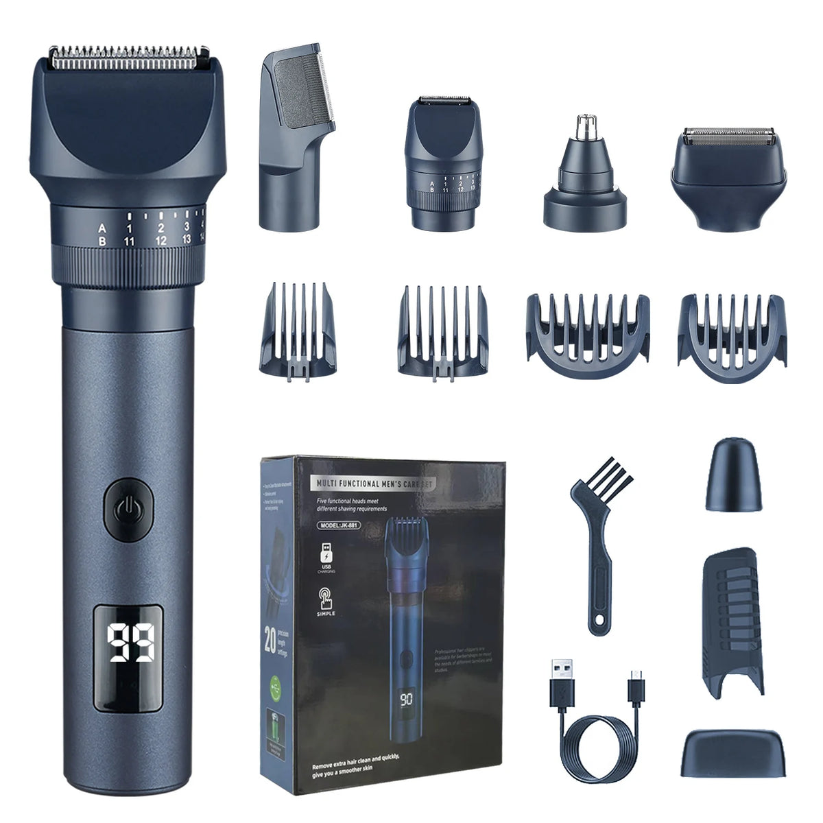 A set of electric beard trimmers and grooming tools in dark blue and black packaged for body grooming.