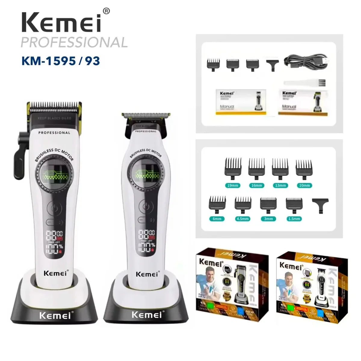 Kemei KM-1595/93 professional electric hair clipper and accessories