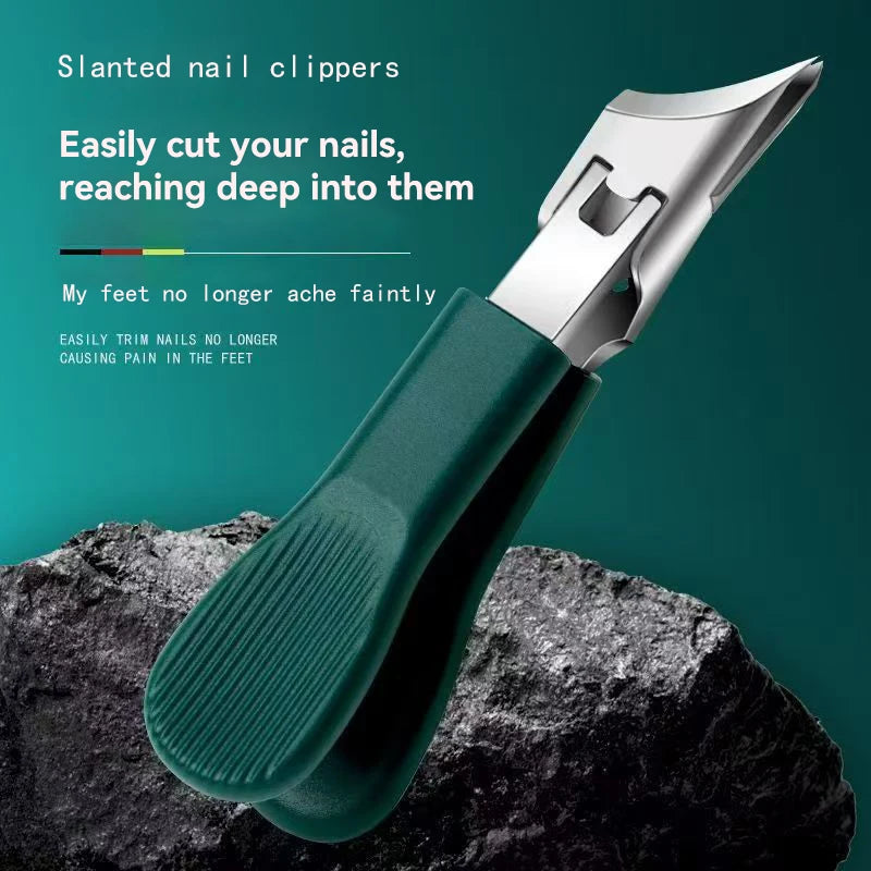 A silver slanted nail clipper is shown against a dark background, resting on a rough rock.