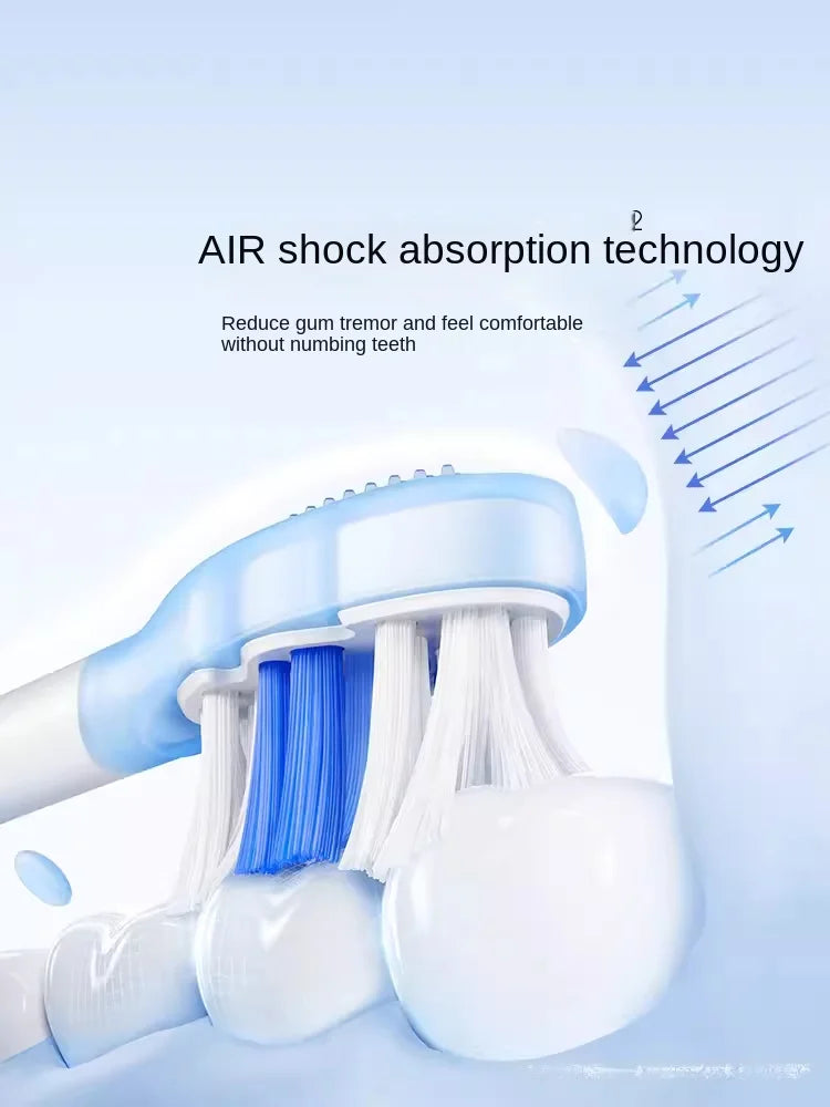A close-up of a precision replacement brush head being attached to a toothbrush, illustrating air shock absorption technology