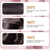 A display showing three hair straightener settings: 200°C for curly/coarse hair, 180°C for regular/micro curly hair, and 160°