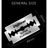 A silver double edge shaving razor blade labeled General Size and Super Platinum with dimensions 25mm and 45mm.