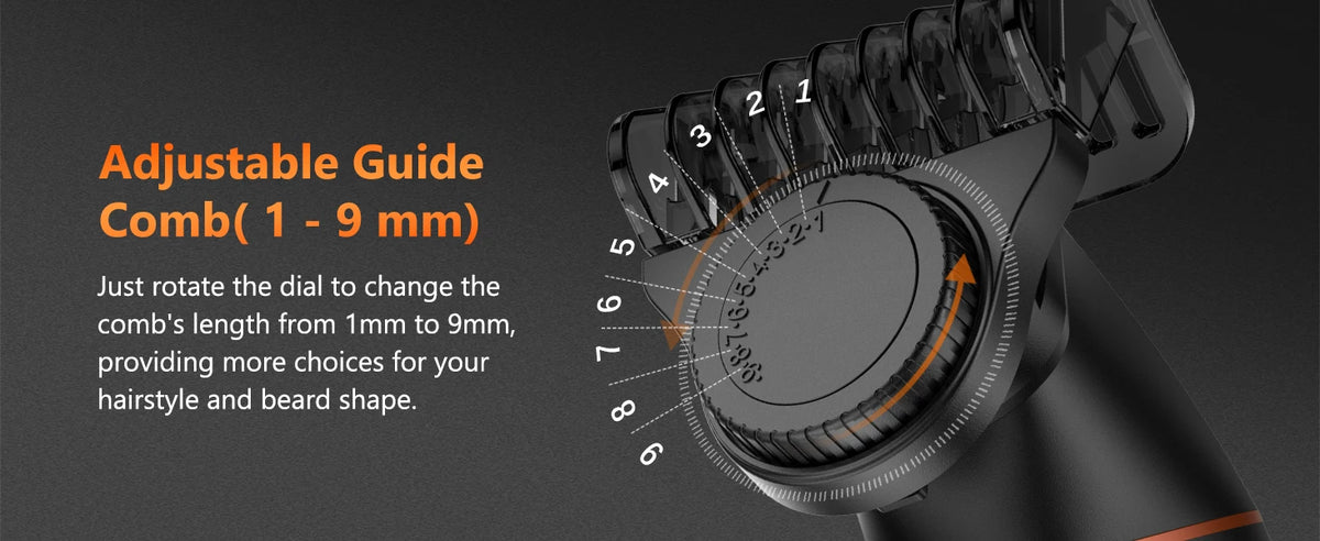 Close-up of an adjustable guide comb with numbered settings used for precision grooming.
