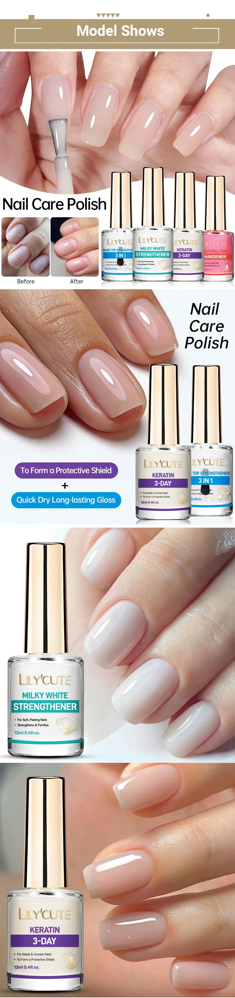 Gros plan sur des flacons de vernis à ongles Lilycute Milky White Strengthener et leur application sur les ongles.