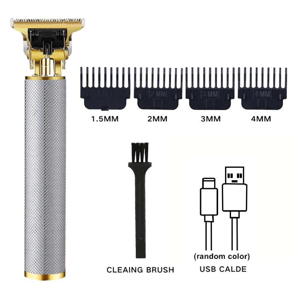 A professional cordless hair clipper set showing a metal body, cleaning brush, and USB cable.