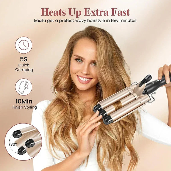 A woman is using a professional triple barrel ceramic hair curling iron to style her long blonde hair.