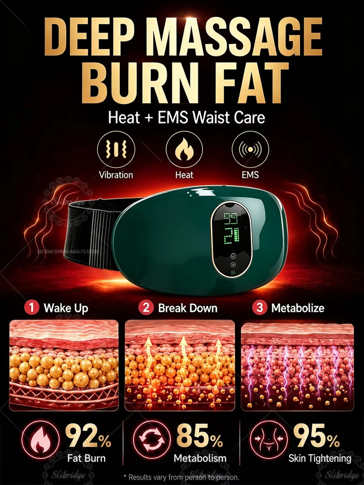 A green electric massager device for deep massage and fat burning, shown with diagrams illustrating the process.