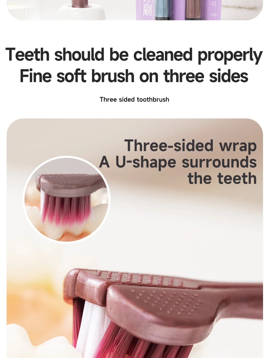 Gros plan d'une brosse à dents en papillote à trois côtés avec des poils roses entourant les dents.