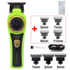 A lime green cordless hair trimmer with an LED display and various sized cutting combs.