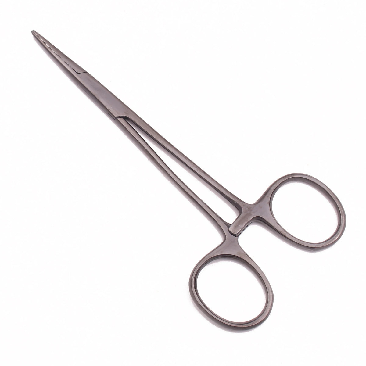 A pair of stainless steel veterinary forceps and needle holder tool.