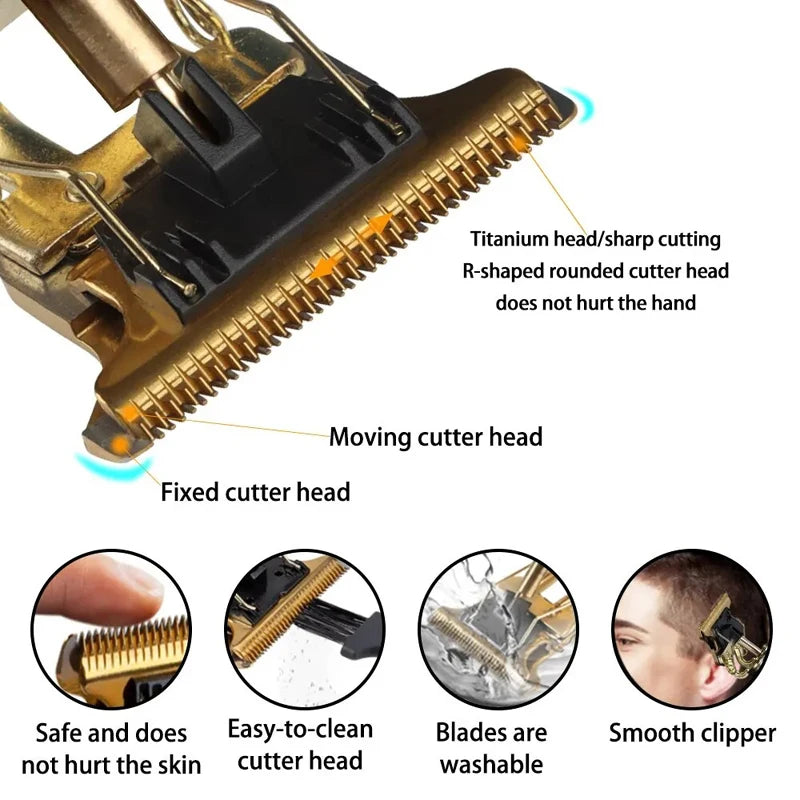 Close-up view of a professional USB rechargeable hair clipper showing the moving and fixed cutter heads.