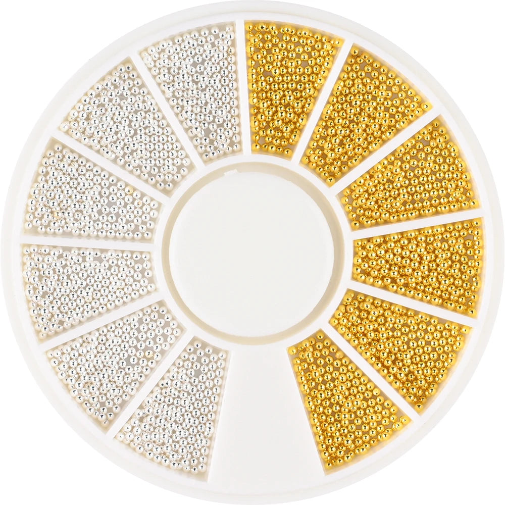 A circular display of gold and silver mixed stainless steel bead nail art decorations arranged in radial segments.