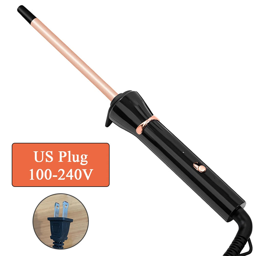 A black ceramic curling wand with a pink barrel and an electrical plug for styling hair.