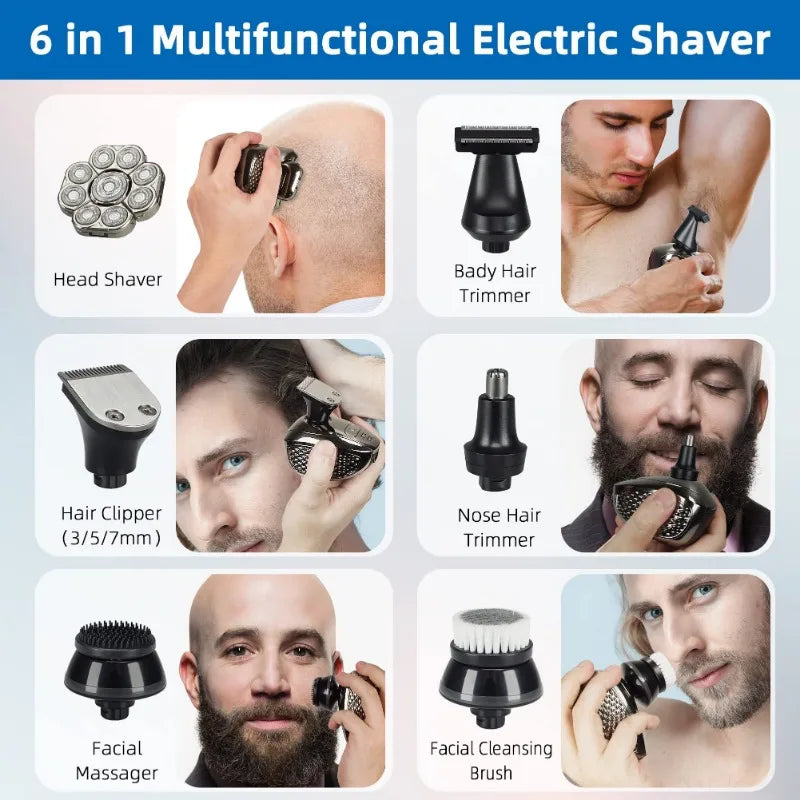 A collection of six multifunctional electric shavers and grooming tools including a head shaver, body hair trimmer, hair clip