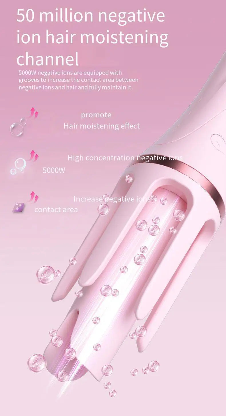 A close-up view of a pink hair styling tool emitting negative ions for moisturizing and strengthening hair.