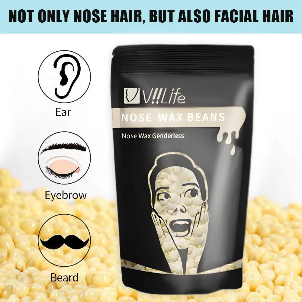 A tube of nose wax beans for facial hair removal shown next to ear, eyebrow, and beard illustrations.