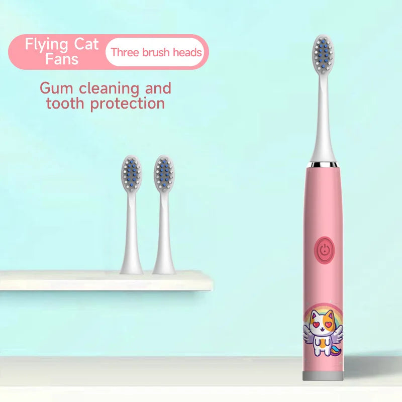 Pink flying cat fans toothbrush set with three brush heads for gum cleaning and tooth protection