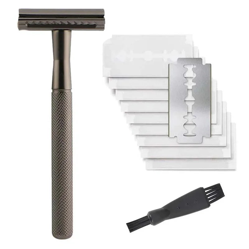 A weighted metal safety razor with a black handle and ten white blade refills stacked next to a single replacement blade.