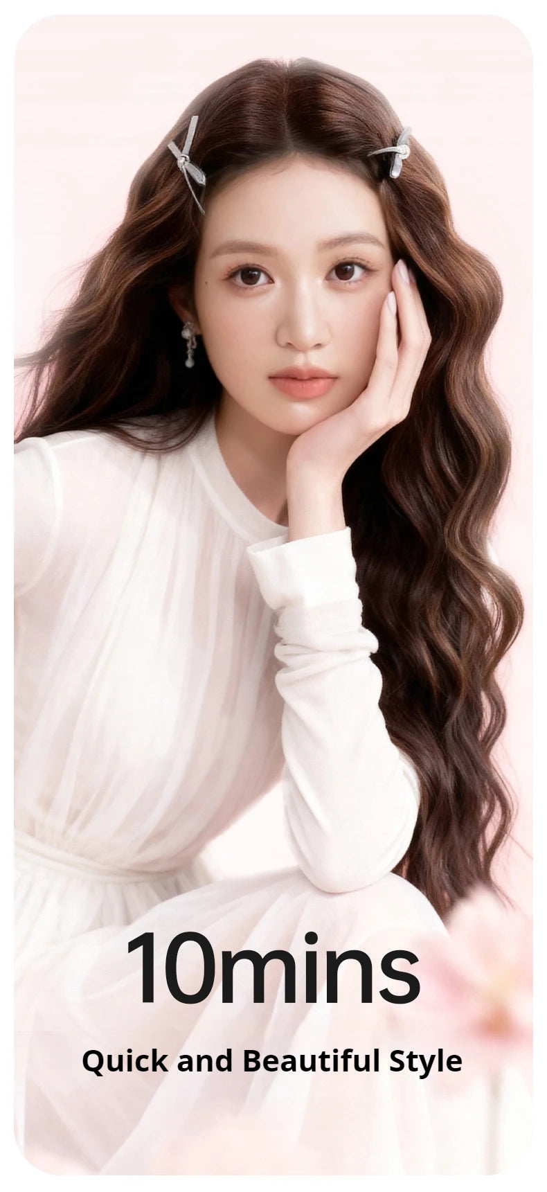 A woman with long dark hair is shown applying a professional beach waver curling iron for quick and beautiful style.