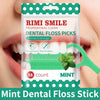 A package of Rimi Smile professional clean dental floss picks in mint flavor shown next to a person's mouth.
