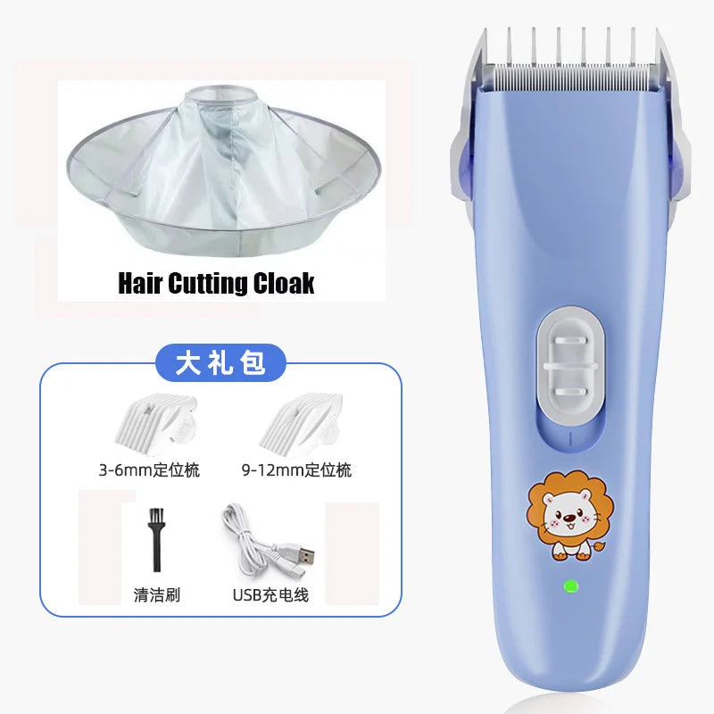 Blauer Keramik-Babyhaarschneider mit Aufsätzen und Ladekabel neben der Haupteinheit.