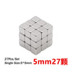 A set of 27 small, square silver nail magnets arranged in a cube formation.