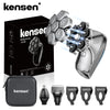 A box and various attachments of the Kensen 7D Head Shaver electric shaver for men shown in a studio setting.
