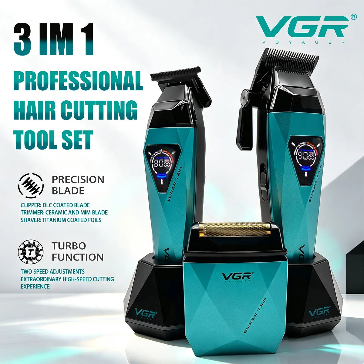 Ein Set aus drei VGR professionellen Haarschneidewerkzeugen, bestehend aus einer Klinge, einem Trimmer und einem Rasierer, au