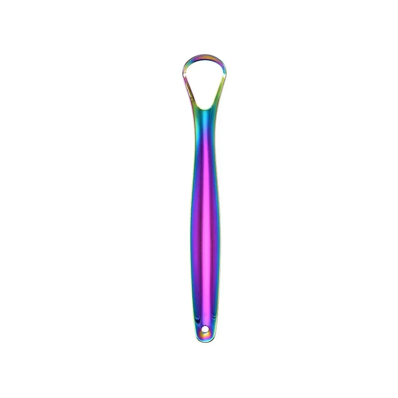A reusable stainless steel tongue scraper with a purple and silver handle.