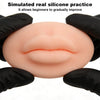 A close-up of a pink silicone practice skin being held by black gloved hands for simulated real silicone practice.