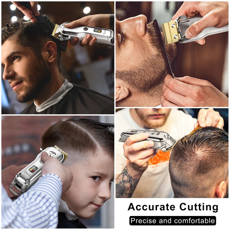 Hände demonstrieren das präzise und komfortable Schneiden von Haaren mit einem professionellen kabellosen Trimmer an einem Mä