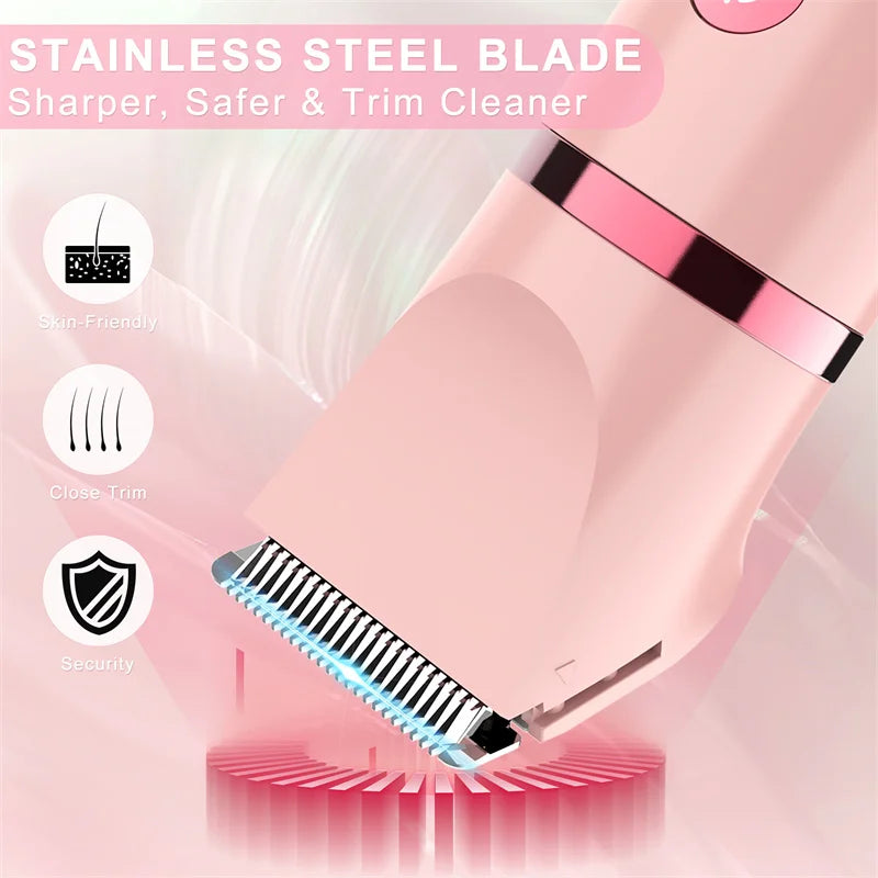 A pink stainless steel blade grooming kit for hair removal featuring a sharp, safe, and trim cleaning function.