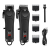 A set of professional cordless hair clippers and attachments in black, including various guards and a power cord.