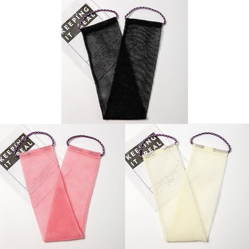 Three exfoliating African net body scrub sponges in black, pink, and cream are displayed against a white background.