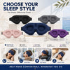 Variedad de antifaces para dormir contorneados en azul, negro, rosa, gris y morado, con ejemplos de uso para casa y oficina
