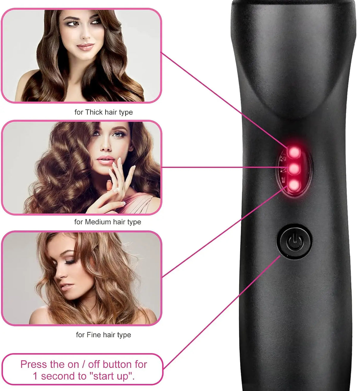 A black electric hot comb hair straightener with multiple settings for thick, medium, and fine hair types.
