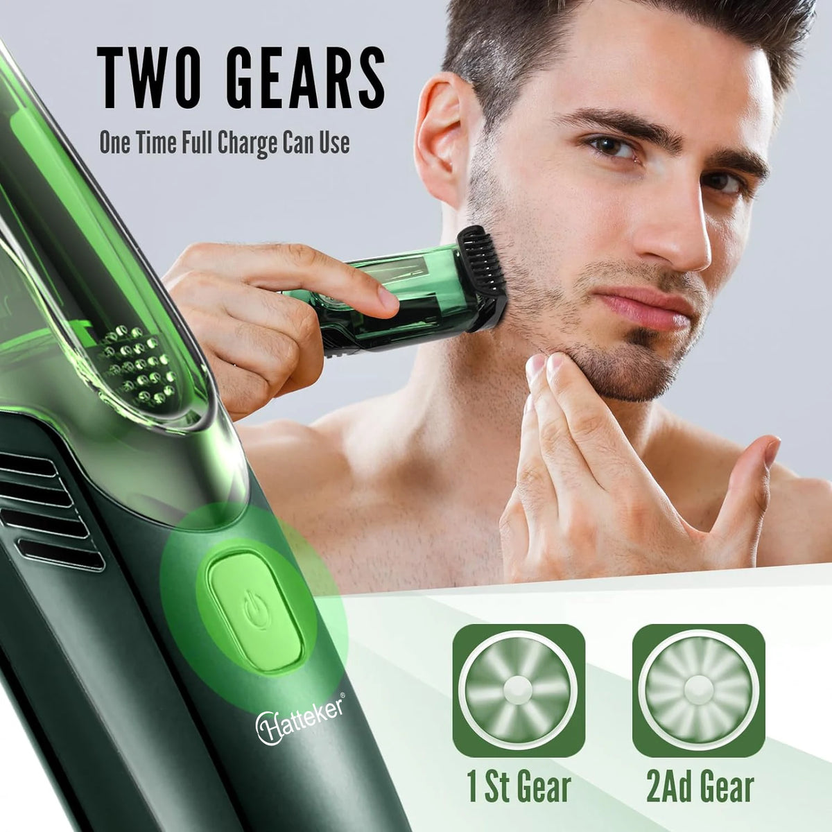 A man is using a two-gear cordless beard trimmer, showing the product and its components.