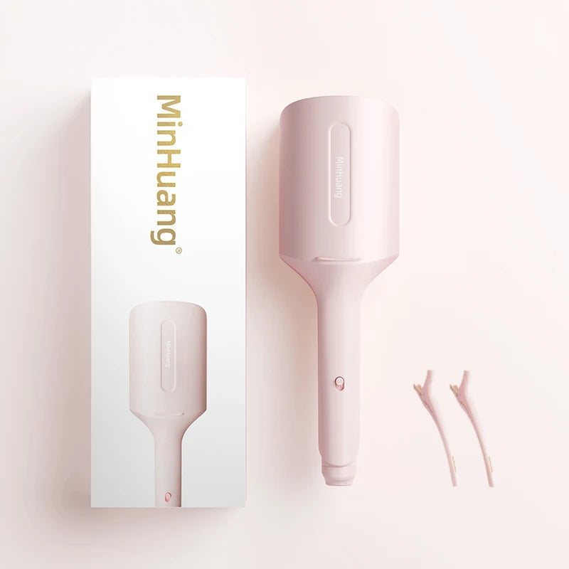 A pink MiniHuang beach waver curling iron is shown next to its packaging box.