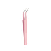 A pair of pink stainless steel eyelash tweezers for false lashes.