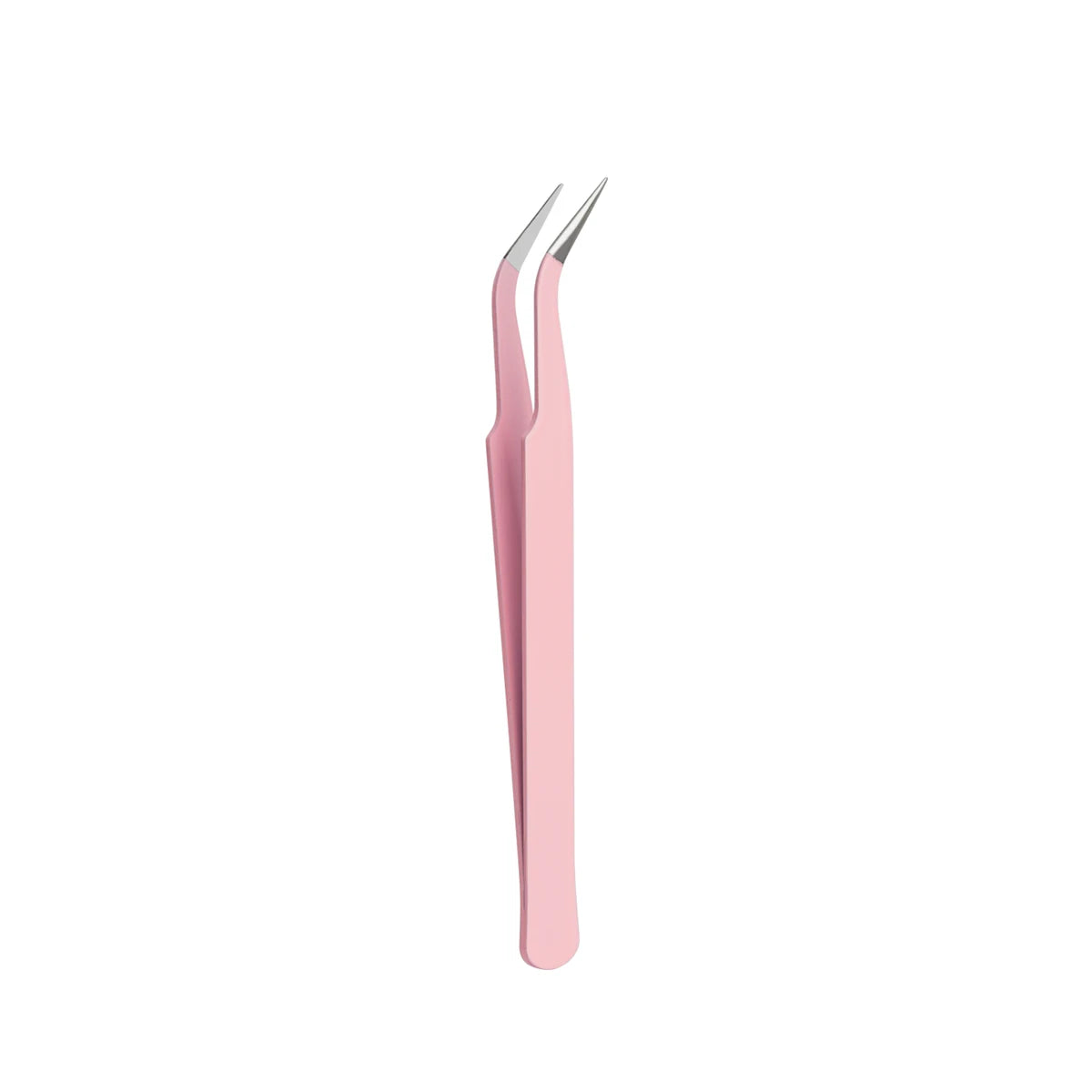 A pair of pink stainless steel eyelash tweezers for false lashes.