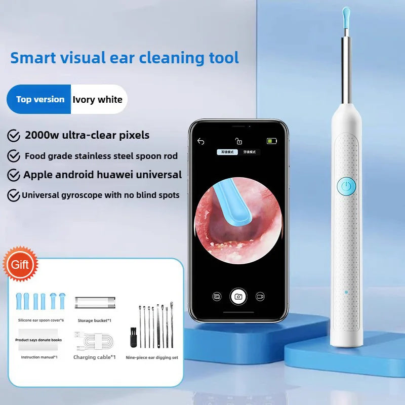 A smart visual ear cleaning tool in ivory white is shown next to a smartphone displaying an ear, along with related accessori